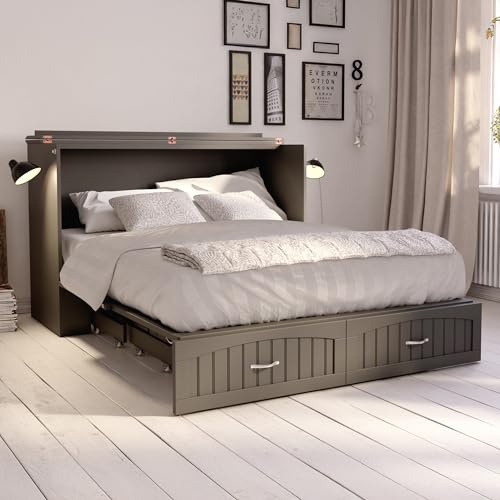 AFI Southampton Queen Murphy Bed Chest with Mattress, Storage, and Built-in Charger in Grey