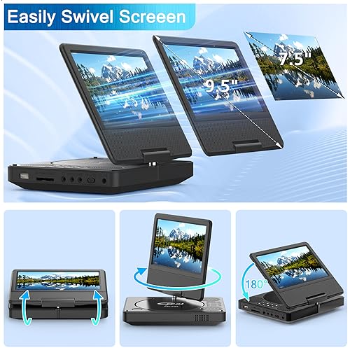 9.5" Portable DVD Player with 7.5" Swivel Display Screen, 5-Hour Built-in Rechargeable Battery, Car DVD Player