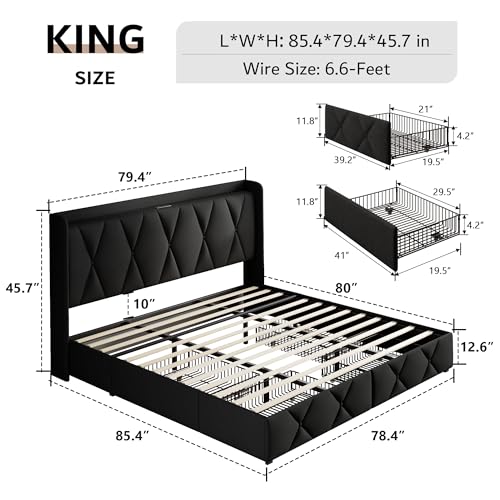iPormis Queen Bed Frame with 4 Storage Drawers, Upholstered Platform Bed Frame with Charging Station, Modern Wingback Storage Headboard
