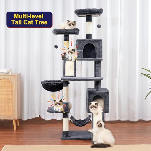 Cat Tree for Indoor Cats, 71'' (180cm) Multi-Level Cat Tower for Large Adult, Sturdy Cat Tree House with 2 Scratching Boards 7 Posts