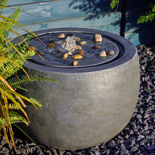 Garden Water Fountain Outdoor Large Round Bubbler Water Feature Indoor with Lights & Pump and Pebbles Concrete Effect for Patio Pool Pond Yard Home