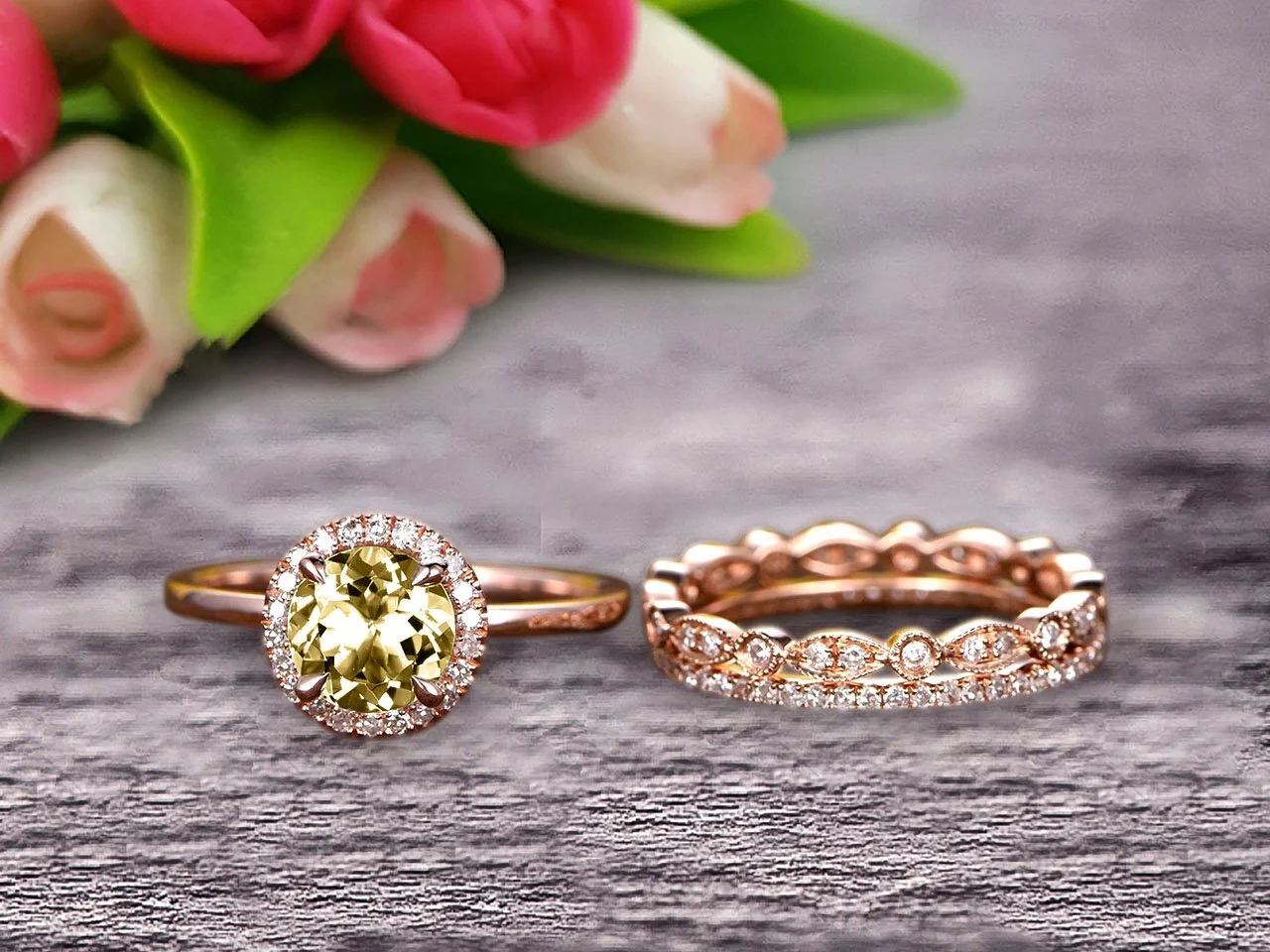 10k Rose Gold Anniversary Gift Art Deco 2.25 Carat 6mm Round Cut Champagne Diamond Moissanite Wedding Ring Set Matching Band Anniversary Gift