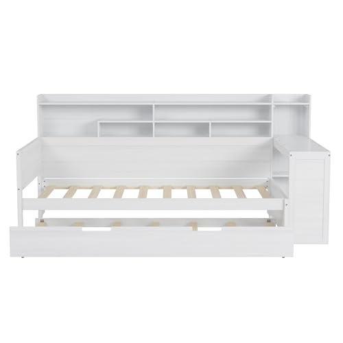 Corner Twin Bed Frame with Bookcase Storage and Desk, Wood Day Beds with 2 Drawers, Twin Size Daybed with Storage for Living Room