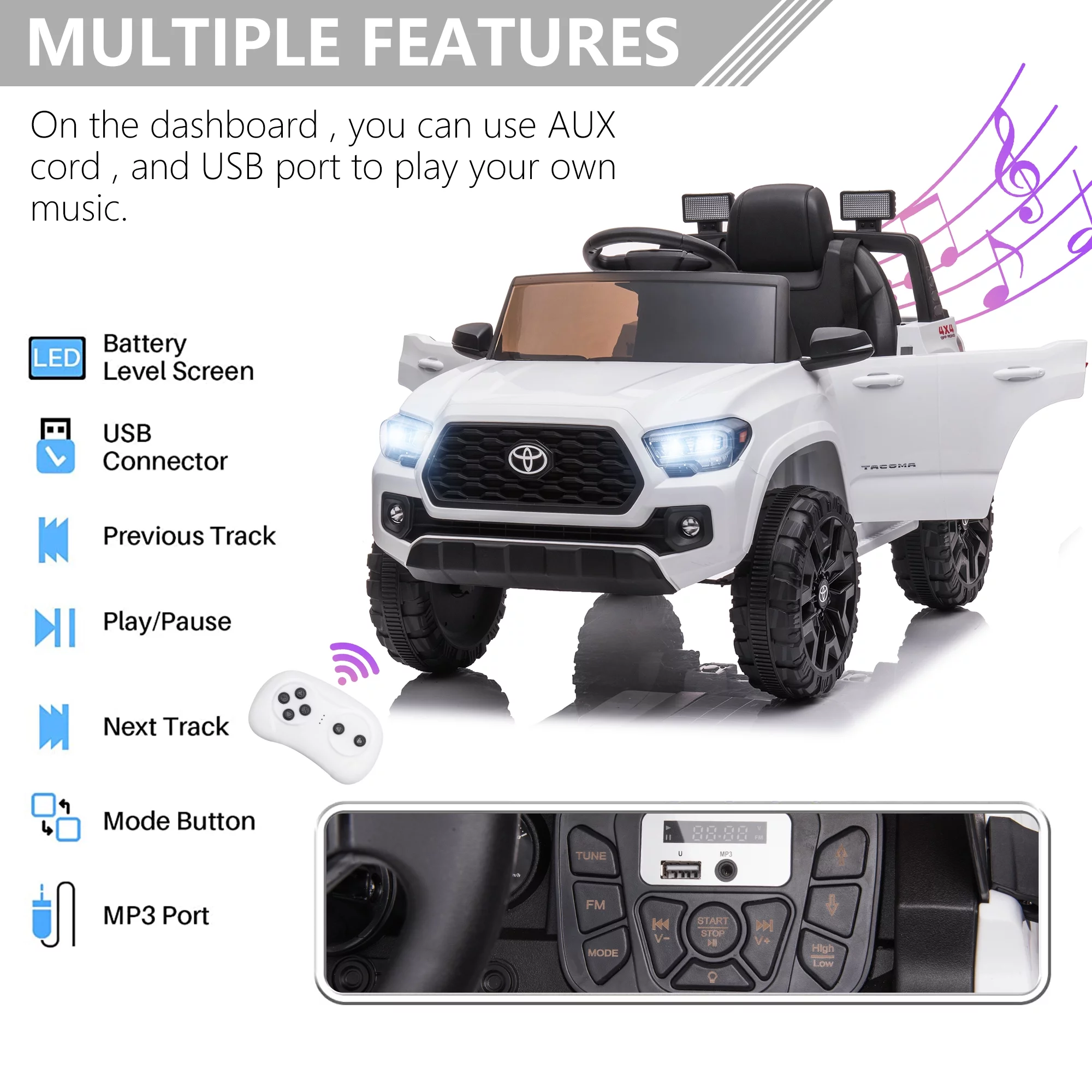 Licensed Toyota Tacoma Electric Ride on Vehicle for Kids, 12V Powered Ride on Car Toys with Remote Control, LED Lights, MP3 Player, Gray