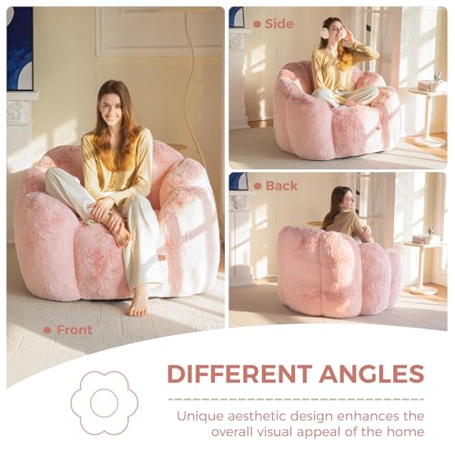 MAXYOYO Bean Bag Chair for Adults, Floral Shaped Bean Bag Sofa, Ultra Soft Faux Fur Floor Sofa, Large Reading Chair for Living Room Bedroom, Beige