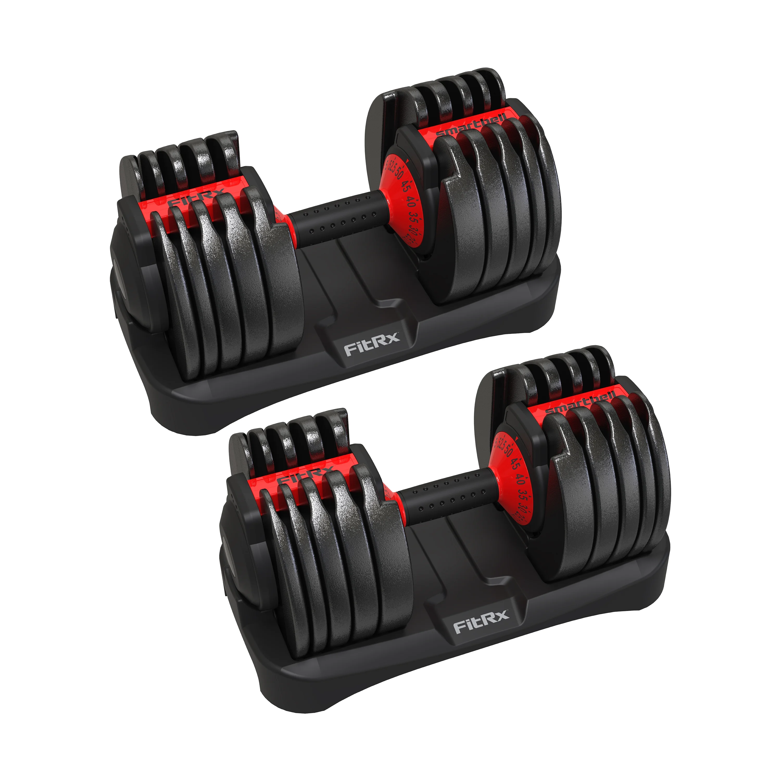 FitRx SmartBell, Quick-Select Adjustable Dumbbell for Home Gym, 5-52.5 lbs. Weight, Black, Single