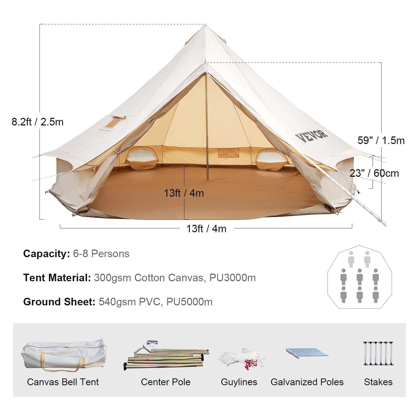 SKYSHALO Yurt Tent 13.1ft Cotton Canvas Tent with Wall Stove Jacket Glamping Tent Waterproof Bell Tent for Family Camping Outdoor Hunting in 4 Seasons