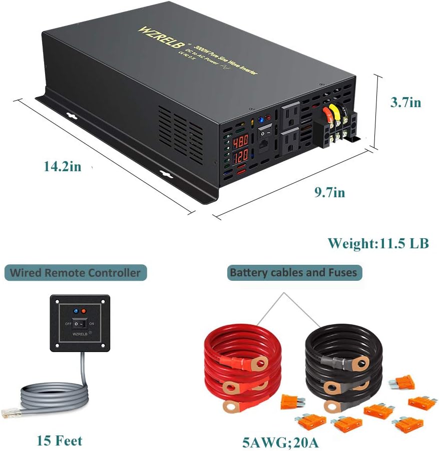 WZRELB Power Inverter Pure Sine Wave 3000Watt 48V DC to 110V 120V with Remote Control Dual AC Outlets and AC Hardwire Port Solar Power Inverter