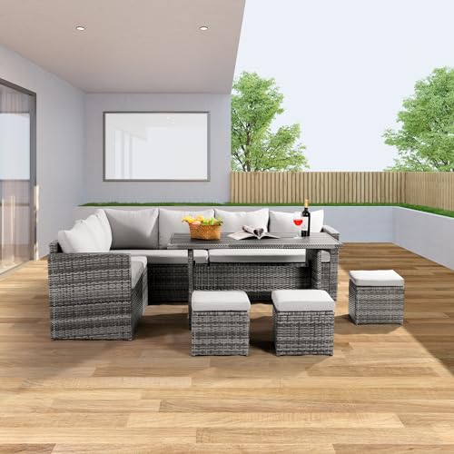 Patio Furniture Set, 7 Pieces Outdoor Patio Furniture with Dining Table&Chair, All Weather Wicker Conversation Set with Ottoman