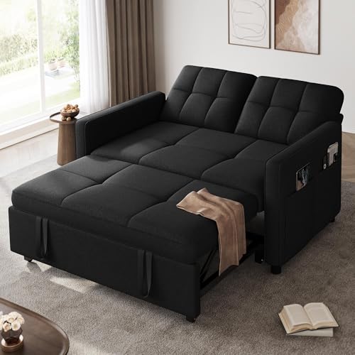YITAHOME 55" Convertible Sofa Bed, 3-in-1 Sleeper Sofa with Iron Frame Pull-Out Bed, Linen Futon Couch with Reclining Backrest and Side Pocket