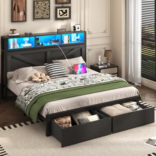 Farmhouse Full Bed Frame with Bookcase Storage Headboard, Charging Station, LED Light and 2 Storage Drawers, Noise Free, No Box Spring Needed, Brown