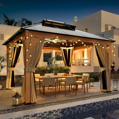 YOLENY 10'x13' Hardtop Gazebo, Outdoor Polycarbonate Double Roof Canopy, Aluminum Frame Permanent Pavilion with Curtains and Netting