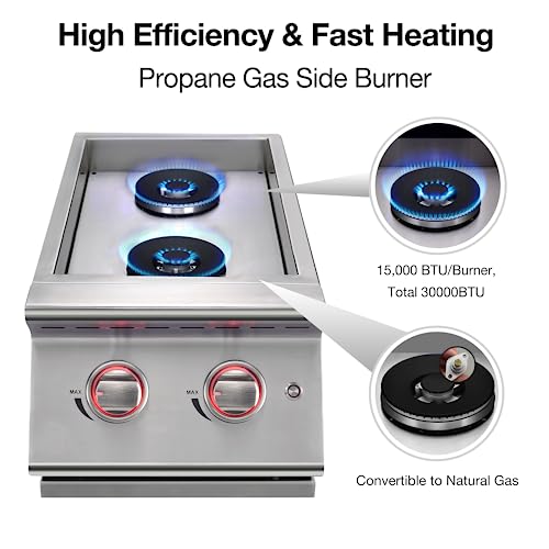Double Grilling Side Burners for Outdoor Kitchen, 2 * 15,000BTU Liquid Propane Burners, Duty Heavy 304 Stainless Steel, with Natural Gas Kit