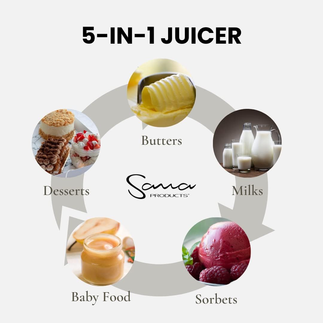 Sana 727 Supreme Cold Press Masticating Juicer | Large Batch | Non-Stop Juicing | 4 Speed Brushless DC Motor | 45-120 RPM’s | Easy clean 132 Page