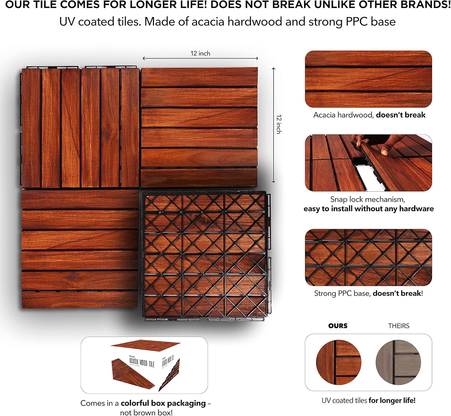 Acacia Wood Outdoor Flooring Interlocking Deck Tiles Patio Flooring Outdoor Waterproof UV Protected All Weather Tile for Composite Decking Dance