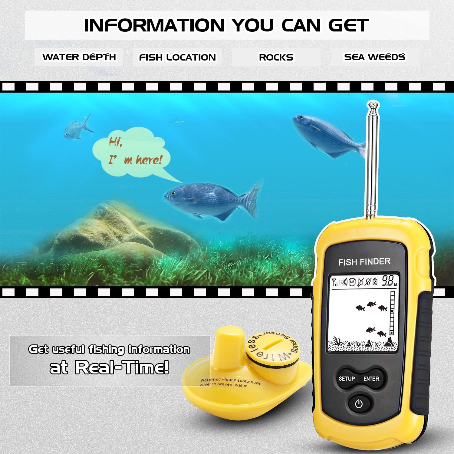 Atibin Castable Shore Fish Finder Kayaks Wireless Portable Depth Finder Sensor Handheld Canoe Fish Sonar Finder Detector Boat Lake Sea Pack of 2