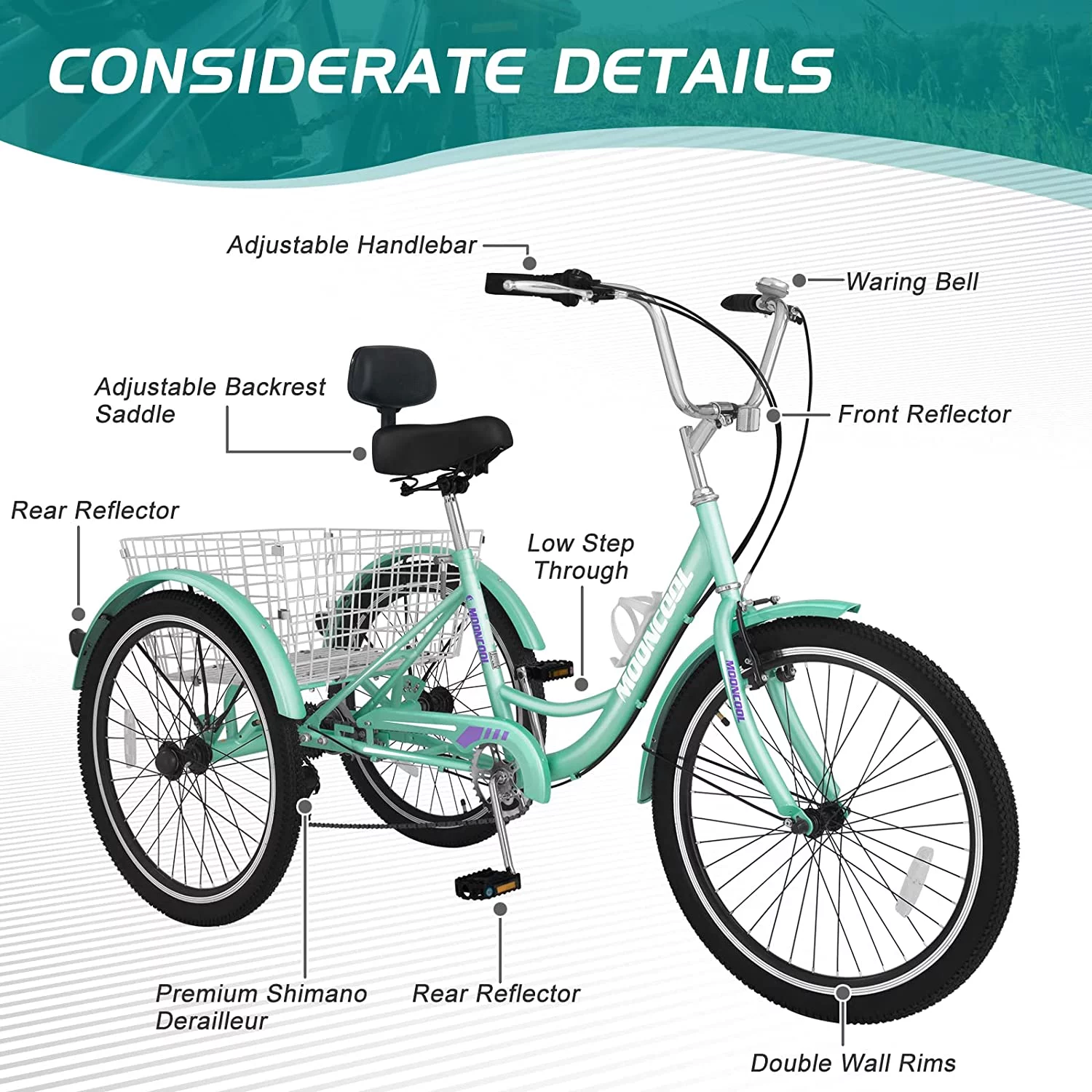 Docred Adult Tricycle 7 Speed 24 Inch Three Wheel Bike Cruiser Trike for Men/Women/Seniors