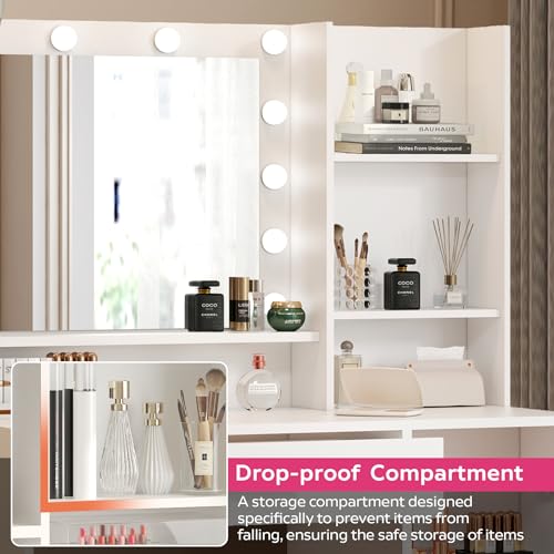 Vanity Desk with Mirror and Light, Large Drawer and Three Level Storage Dresser, 3 Lighting Modes Adjustable Brightness
