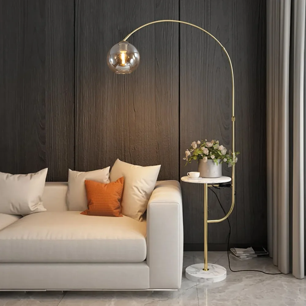 Homary Modern Arc Floor Lamp with Shelf & Wireless Charger & USB Charging Port