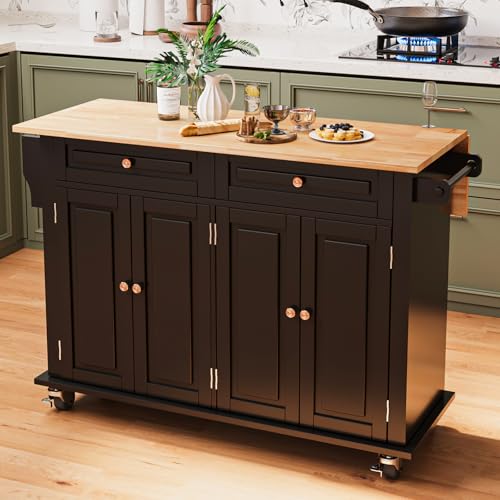 67’’ Movable Kitchen Island with Drop Leaf and Power Outlet, Lockable Sliding Countertop Rolling Island Cart with 2 Large Drawers, Spice, Towel Rack
