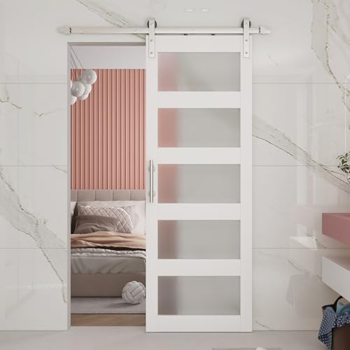 BARNSMITH 42in x 84in Glass Barn Door with 7FT Sliding Door Hardware Kit Included & Handle