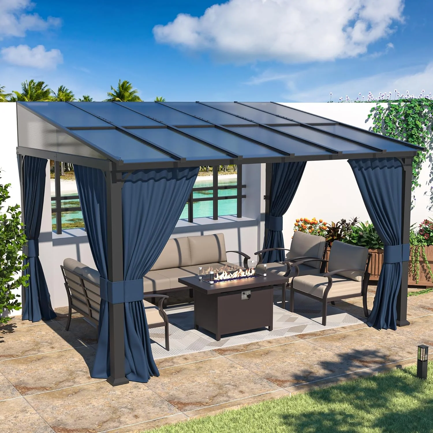 Outdoor Lean to Gazebo 10x12FT, Hardtop Wall Mounted Gazebo with Sloping Sun Panel Roof, Awnings for Patio with Metal Frame