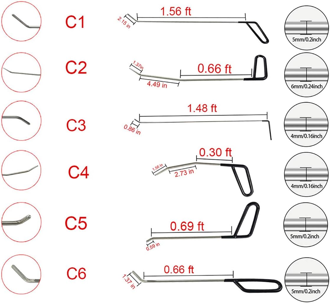 MMPP Paintless Dent Repair Tools 6 Pieces of Dent Removal Repair Rods C Style Rods Tool for Car Body Hail Damage Door Dent Removal