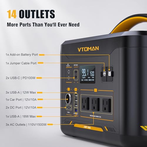 VTOMAN Jump 600X Portable Power Station, LFP Battery Powered Generator with 2x 600W AC Outlets (Surge 1200W), 4x USB ports