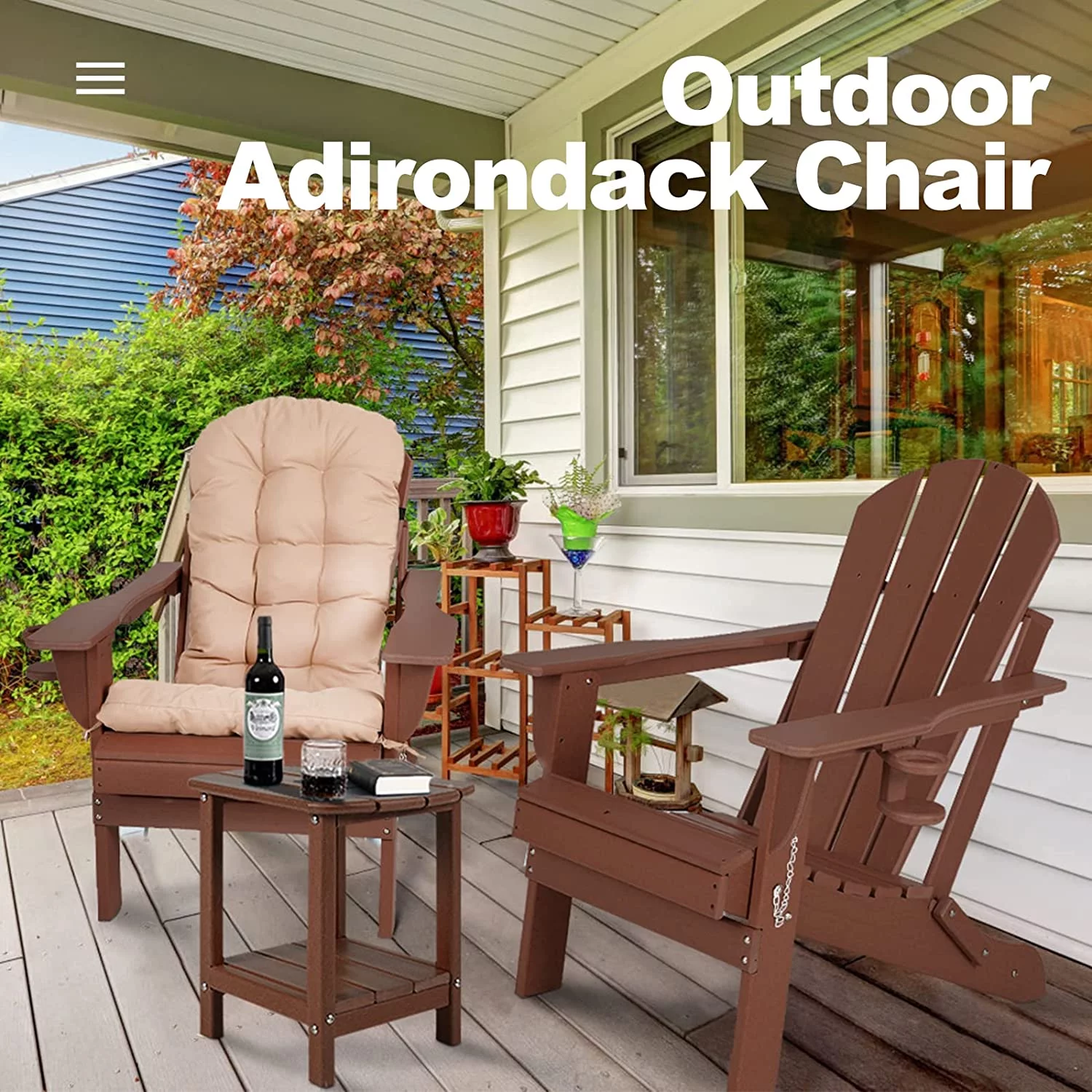 Nalone Folding Adirondack Chairs set of 2 with Cushion with Cup Holder, HDPE Plastic Oversized Patio Chair Weather Resistant(Wood)