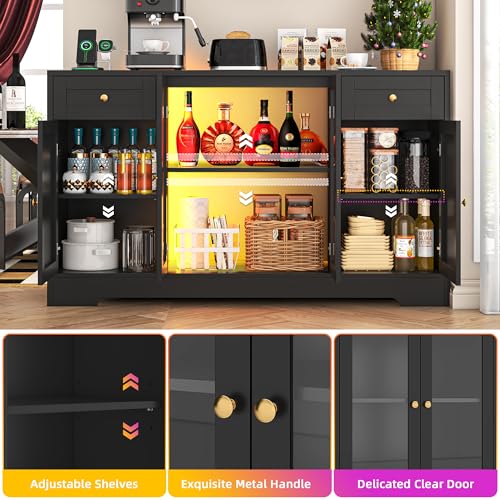 LED Coffee Bar Cabinet with Storage, 55'' Large Sideboard Buffet Cabinet, Wood Coffee Bar Buffet Table with 4 Doors and Charging Station