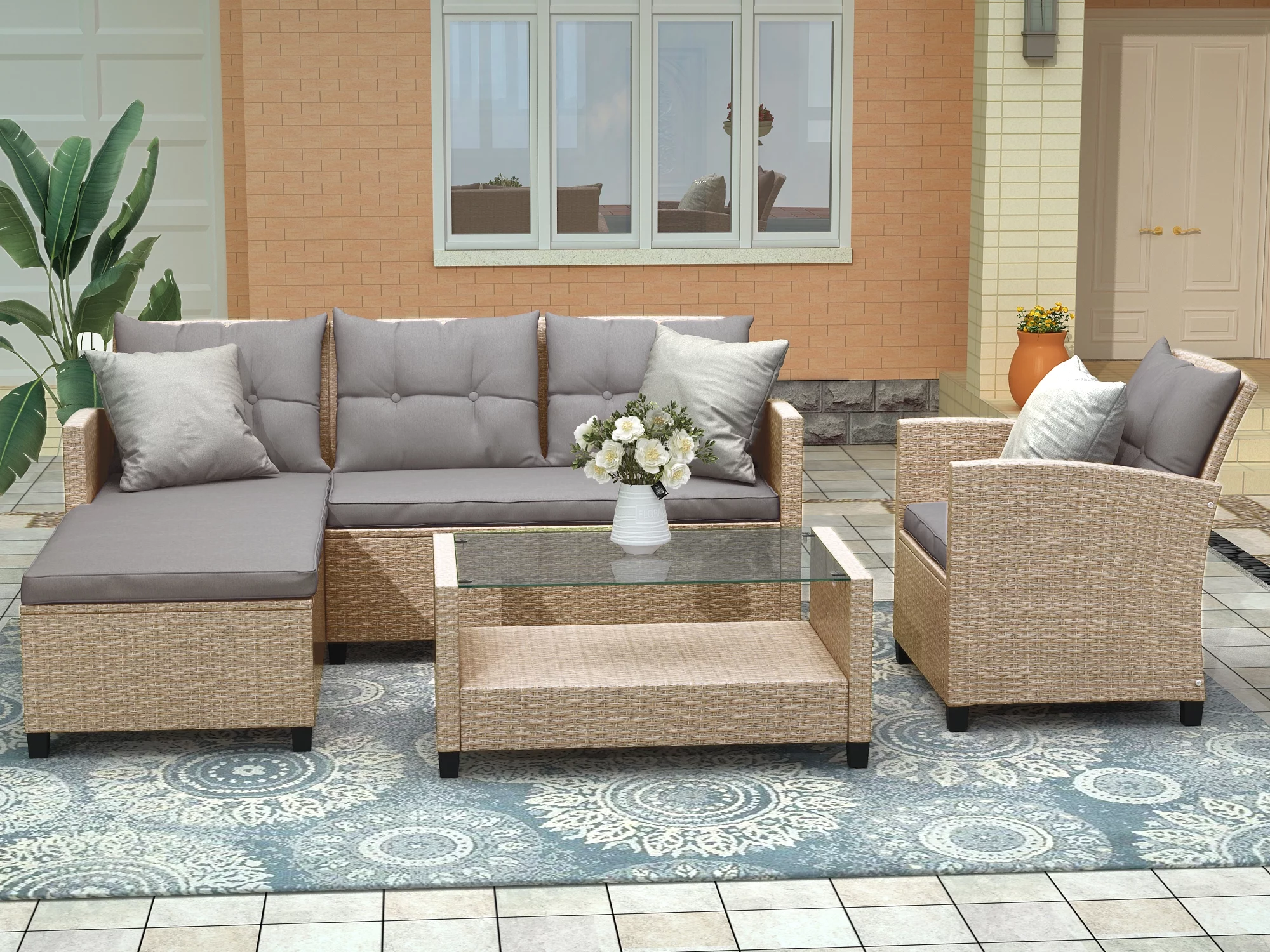 4 Piece Patio Sectional Sofa Set, Outdoor Conversation Set, All-Weather Wicker Sectional Seating Group with Cushions & Coffee Table
