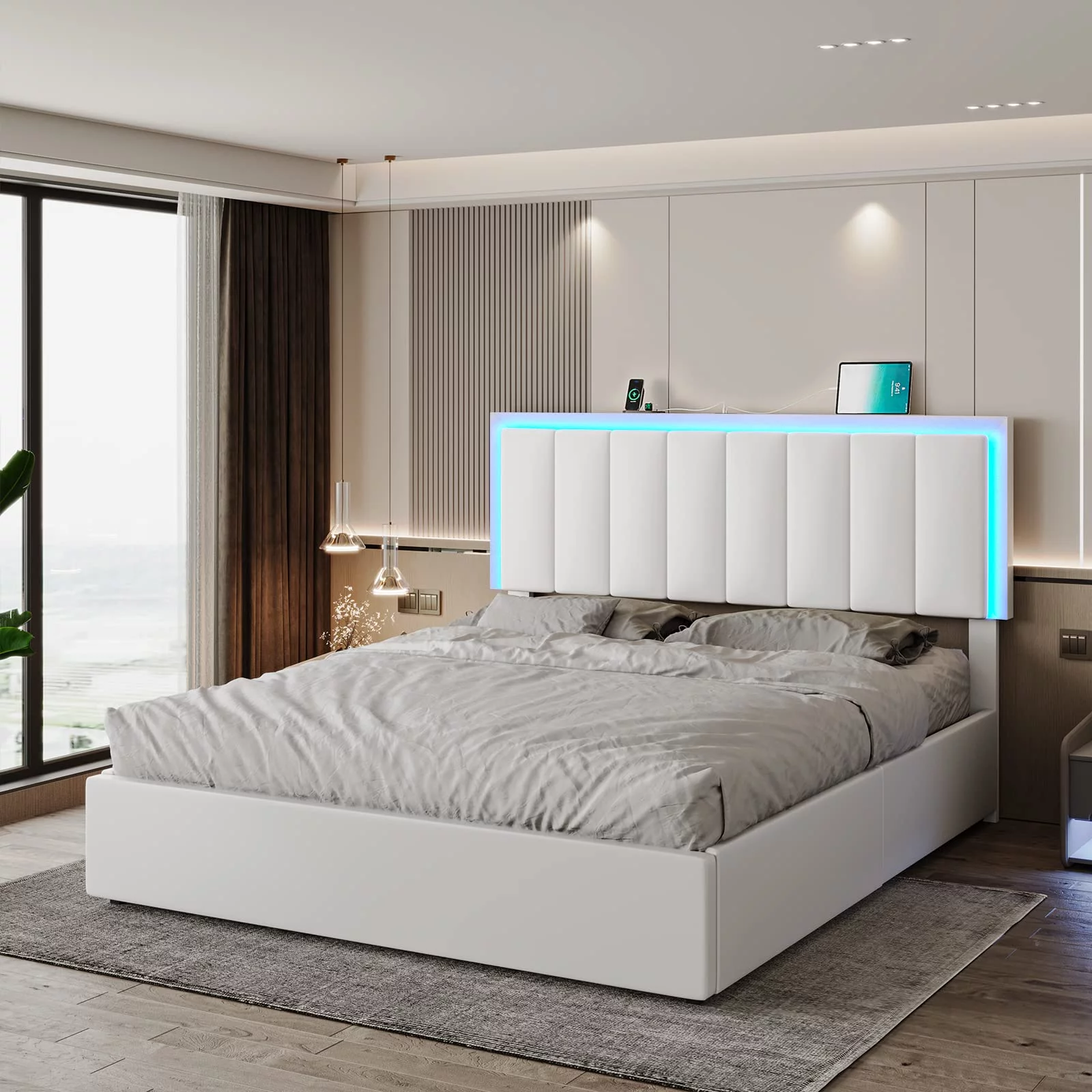 DICTAC Queen LED Bed Frame with 4 Storage Drawers and USB Ports Modern Upholstered Platform Bed Frame with Storage Faux Leather Storage with LED