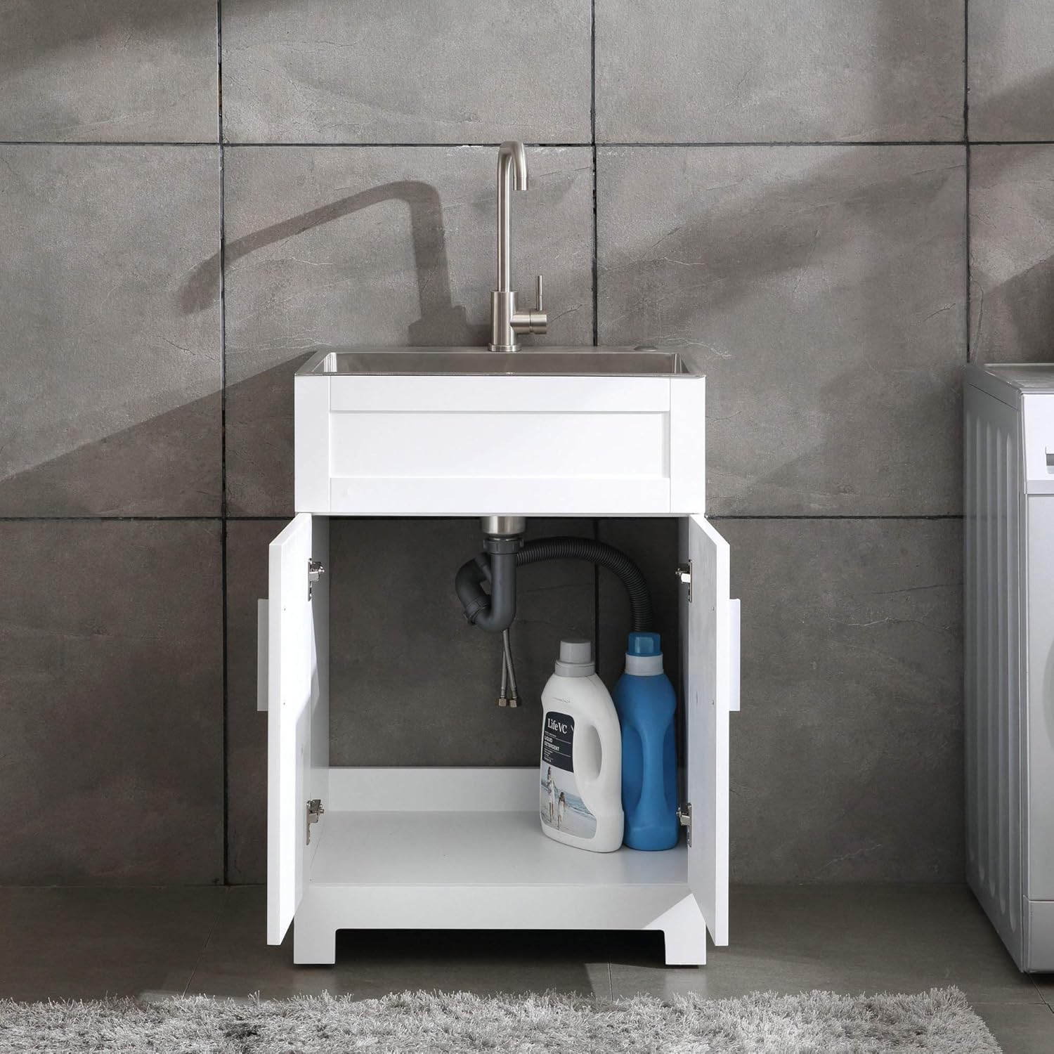 24 White Laundry Utility Cabinet w/ Stainless Steel Sink and Faucet Combo