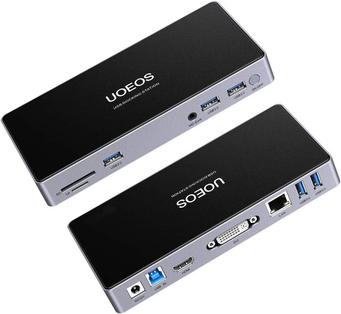UOEOS USB 3.0 Universal Docking Station Dual Monitor for Windows, Chrome OS, Mac OS USB 3.0 HUB HDMI and DVI 3.5mm Audio Jack Port, SD TF Card Reader