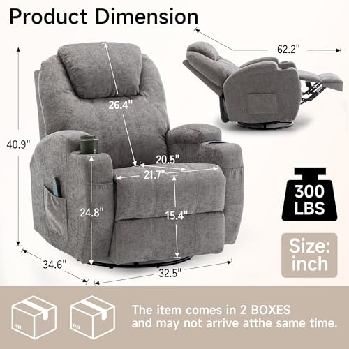 Recliner Chair, Rocking Chair with Massage and Heat, 360° Swivel Recliner Chairs for Adults