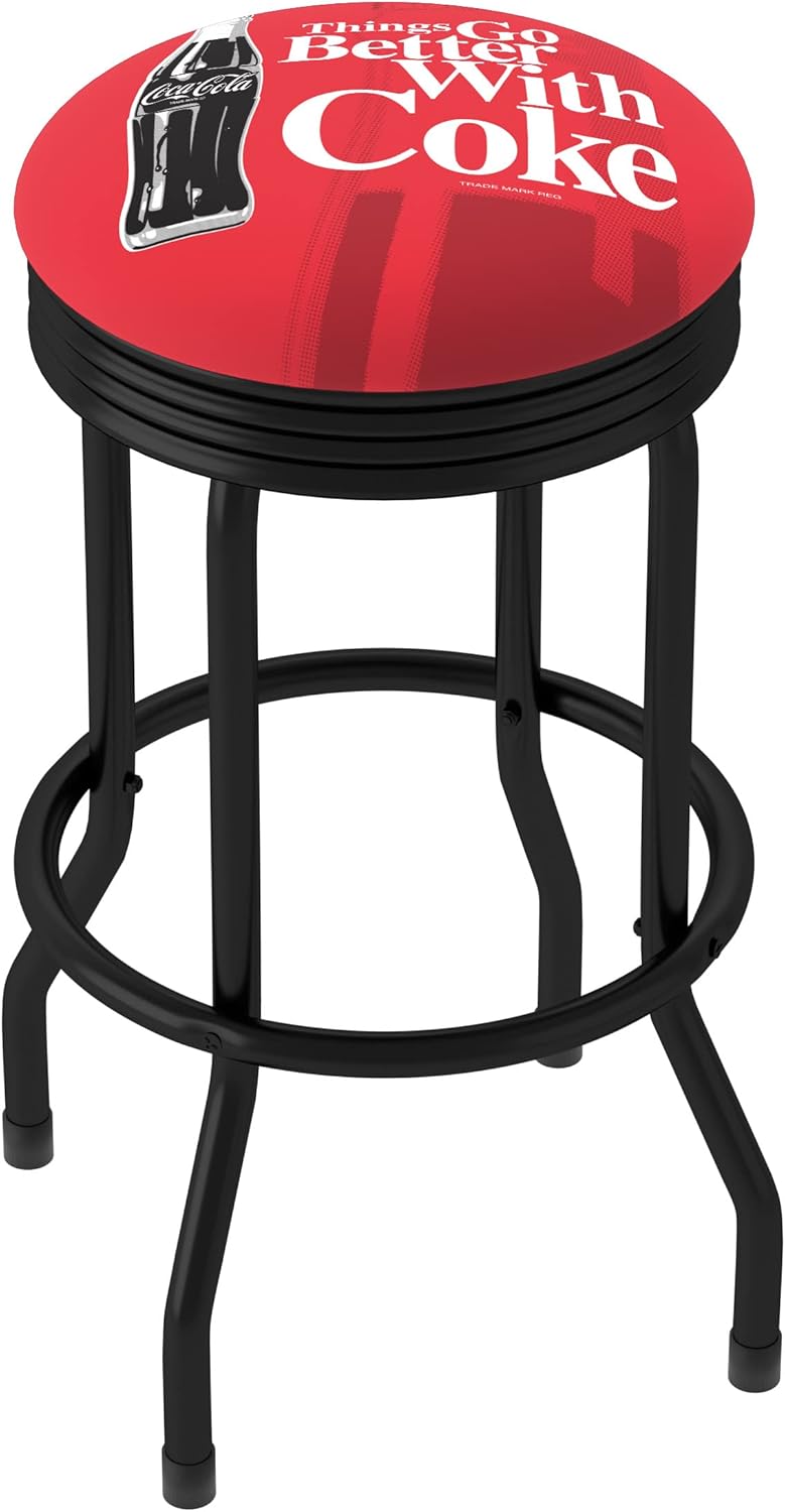 Bar Stool - Coca-Cola Things Go Better with Coke Bottle Art Stool with Retro Black Ribbed Side - Swivel Chair for Game Room, Garage