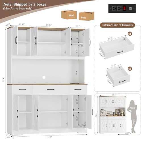 HOSTACK 71" Tall Kitchen Pantry Storage Cabinet with Charging Station, 55" Wide Kitchen Hutch Cabinet with Large Countertop