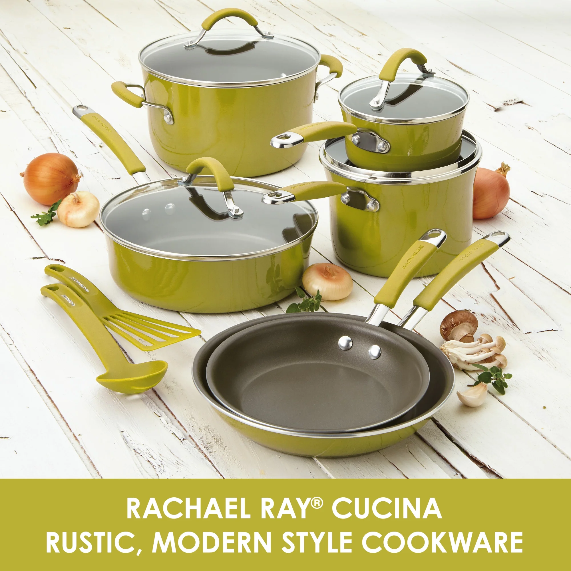 Rachael Ray 12 Piece Cucina Hard Porcelain Enamel Nonstick Pots and Pans, Lemongrass Green