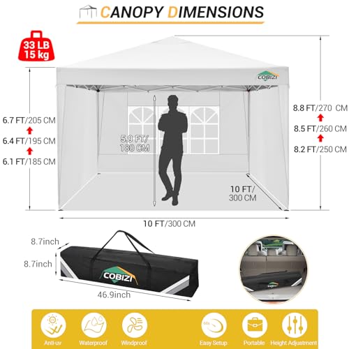 COBIZI 10x10 Pop up Canopy Tent Protable Canopy Tent with 4 Sidewalls Waterproof Commercial Instant Shelter for Parties, Wedding