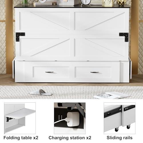 PAKASEPT Murphy Bed Queen, Bed Cabinet Frame with Storage & Charging Station, Murphy Cabinet Bed with Hidden Space for Bedroom/Guest Room