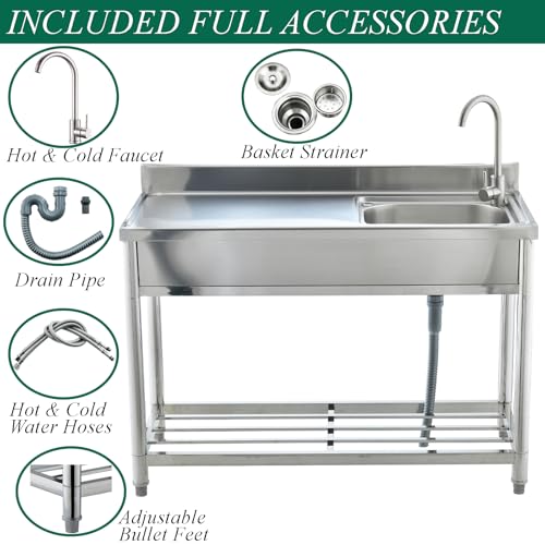 Stainless Steel Utility Sink Freestanding Kitchen Sink with Faucet Single Bowl 16 Gauge Outdoor Workbench with Knife Hole for Restaurant or Laundry