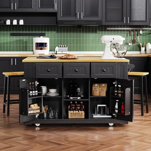 Farmhouse Kitchen Island with Power Outlet, Drop Leaf, Spice Rack and Drawer,Rolling Kitchen Cart on Wheels