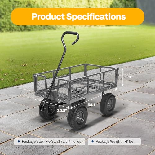 VIVOHOME Heavy Duty 880 Lbs Capacity Mesh Steel Garden Cart Folding Utility Wagon with Removable Sides and 4.10/3.50-4" Wheels 10 inch Tire (Black)