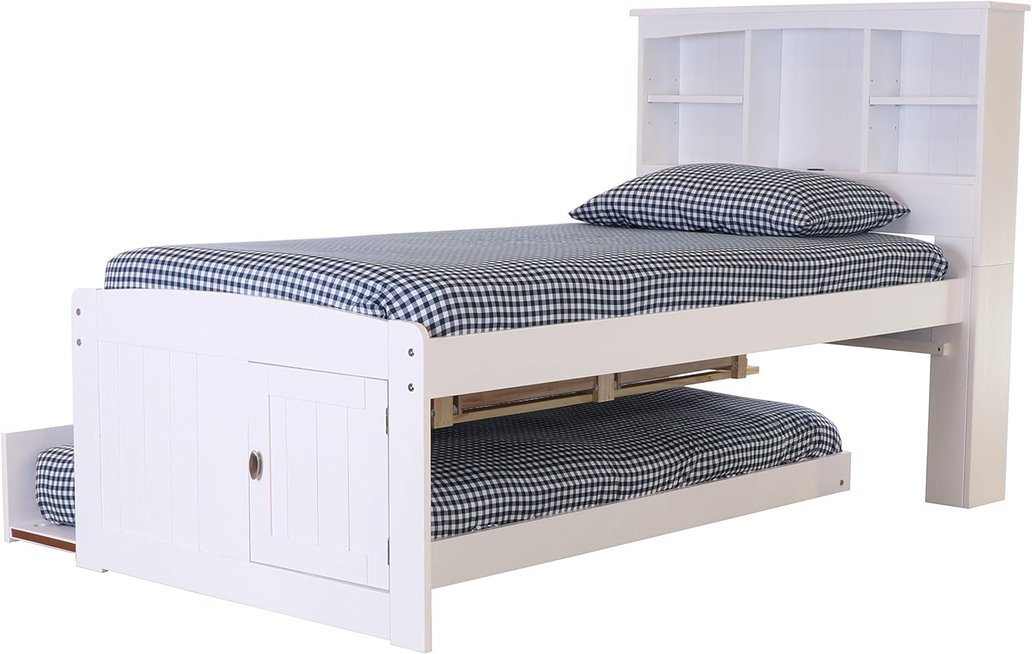 White Twin Bookcase Bed with 3 Drawers and Trundle