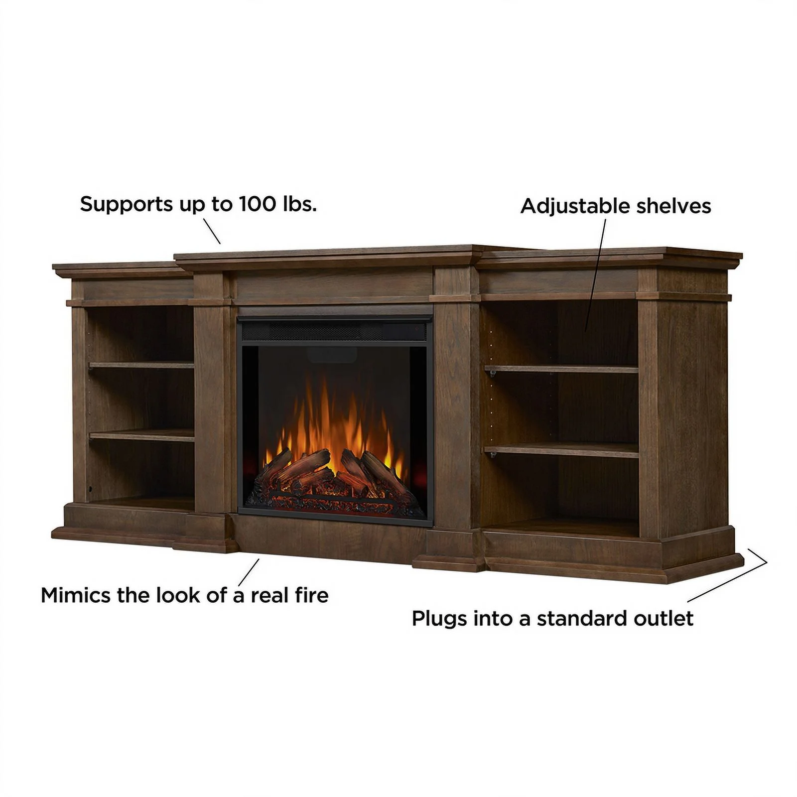 Real Flame Traditional Wood & Steel Electric Fireplace TV Stand in Heritage Oak