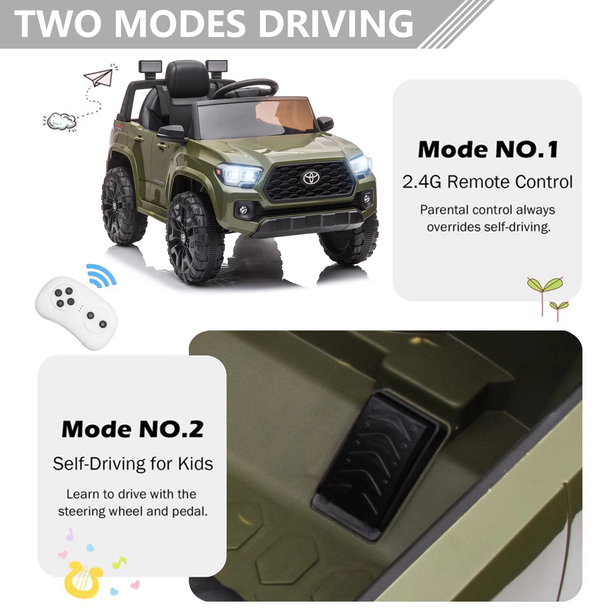 Licensed Toyota Tacoma Electric Ride on Vehicle for Kids, 12V Powered Ride on Car Toys with Remote Control, LED Lights, MP3 Player, Gray