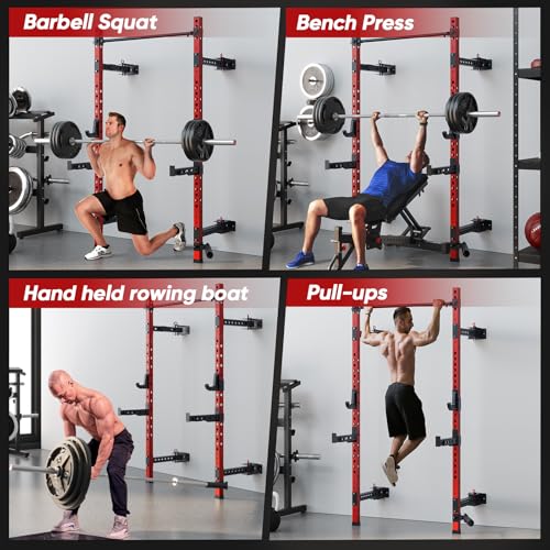 QSNSILK 2.36" x 2.36" Folding Squat Rack, Wall-Mounted Power Cage with Pull-up Bar, J-Hooks, Landmine, Spotter Arms, 1000LBS Capacity