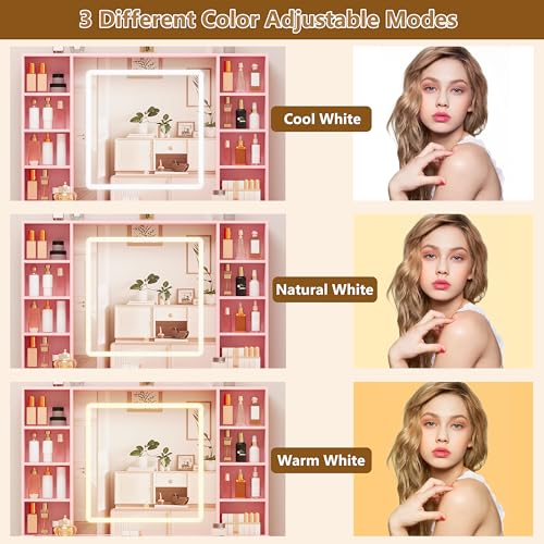 White Vanity Desk with Mirror and Lights, Glass Top Vanity with Lighted Mirror & RGB Glass Cabinet and 3 Drawers