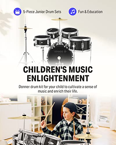 Kid Drum Sets-Donner 5-Piece for Beginners, 14 inch Full Size Complete Junior Drum Kit with Adjustable Throne, Cymbal, Hi-Hat, Pedal & Drumstick