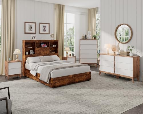 AMERLIFE 6 Drawer Dresser for Bedroom, 60" Mid-Century Wood Storage Closet Chest of Beveled Drawers, Modern TV Stand Dressers Organizer for Bedroom